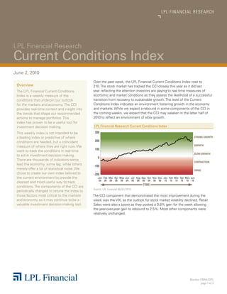 LPL 	FINANCIAL 	 R E S E A R C H




LPL Financial Research
Current Conditions Index
June 2, 2010
                                                  Over the past week, the LPL Financial Current Conditions Index rose to
    Overview                                      210. The stock market has tracked the CCI closely this year as it did last
    The LPL Financial Current Conditions          year reflecting the attention investors are paying to real time measures of
    Index is a weekly measure of the              economic and market conditions as they assess the likelihood of a successful
    conditions that underpin our outlook          transition from recovery to sustainable growth. The level of the Current
    for the markets and economy. The CCI          Conditions Index indicates an environment fostering growth in the economy
    provides real-time context and insight into   and markets. While we expect a rebound in some components of the CCI in
    the trends that shape our recommended         the coming weeks, we expect that the CCI may weaken in the latter half of
    actions to manage portfolios. This            2010 to reflect an environment of slow growth.
    index has proven to be a useful tool for
    investment decision making.                       LPL Financial Research Current Conditions Index
    This weekly index is not intended to be           300
    a leading index or predictive of where                                                                                    STRONG GROWTH
    conditions are headed, but a coincident           200
    measure of where they are right now. We                                                                                   GROWTH
                                                      100
    want to track the conditions in real-time
                                                                                                                              SLOW GROWTH
    to aid in investment decision making.
                                                        0
    There are thousands of indicators-some
                                                                                                                              CONTRACTION
    lead the economy, some lag, while others      -100
    merely offer a lot of statistical noise. We                                                                               CRISIS
    chose to create our own index tailored to     -200
    the current environment to provide the              Jan Feb Mar Apr May Jun Jul Aug Sep Oct Nov Dec Jan Feb Mar Apr May Jun
                                                         09 09 09 09 09 09 09 09 09 09 09 09 10 10 10 10 10 10
    clearest and most useful way to track
                                                                                         TIME
    conditions. The components of the CCI are
                                                  Source:	LPL	Financial	06/02/2010
    periodically changed to retune the index to
    those factors most critical to the markets    The CCI component that demonstrated the most improvement during the
    and economy so it may continue to be a        week was the VIX, as the outlook for stock market volatility declined. Retail
    valuable investment decision-making tool.     Sales were also a boost as they posted a 0.6% gain for the week allowing
                                                  the year-over-year gain to rebound to 2.5%. Most other components were
                                                  relatively unchanged.




	                                                 	                                                                        Member	FINRA/SIPC
                                                                                                                                  page	1	of	3
 