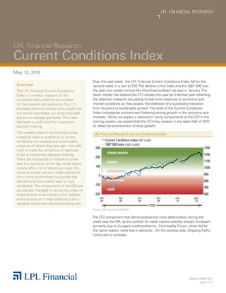 LPL 	FINANCIAL 	 R E S E A R C H




LPL Financial Research
Current Conditions Index
May 12, 2010
                                                  Over the past week, the LPL Financial Current Conditions Index fell for the
    Overview                                      second week in a row to 210. The decline in the index and the S&P 500 over
    The LPL Financial Current Conditions          the past two weeks mirrors the short-lived pullback we saw in January. The
    Index is a weekly measure of the              stock market has tracked the CCI closely this year as it did last year reflecting
    conditions that underline our outlook         the attention investors are paying to real time measures of economic and
    for the markets and economy. The CCI          market conditions as they assess the likelihood of a successful transition
    provides real-time context and insight into   from recovery to sustainable growth. The level of the Current Conditions
    the trends that shape our recommended         Index indicates an environment fostering strong growth in the economy and
    actions to manage portfolios. This index      markets. While we expect a rebound in some components of the CCI in the
    has been a useful tool for investment         coming weeks, we expect that the CCI may weaken in the latter half of 2010
    decision making.                              to reflect an environment of slow growth.
    This weekly index is not intended to be           LPL Financial Research Current Conditions Index
    a leading index or predictive of where
    conditions are headed, but a coincident                    Current Conditions Index (left scale)
    measure of where they are right now. We                    S&P 500 Index (right scale)
                                                       300                                                                                1300
    want to track the conditions in real-time
                                                                STRONG GROWTH
    to aid in investment decision making.                                                                                                 1200
                                                       200
    There are thousands of indicators-some
                                                                GROWTH                                                                    1100
    lead the economy, some lag, while others
    merely offer a lot of statistical noise. We
                                                       100                                                                                1000
    chose to create our own index tailored to                   SLOW GROWTH
                                                         0                                                                                900
    the current environment to provide the
    clearest and most useful way to track                       CONTRACTION                                                               800
    conditions. The components of the CCI are         -100
                                                                                                                                          700
    periodically changed to retune the index to                 CRISIS
    those factors most critical to the markets        -200                                                                                600
                                                         Jan             Apr             Jul            Oct           Jan         Apr
    and economy so it may continue to be a                09             09              09             09             10         10
    valuable investment decision-making tool.
                                                                                                 TIME
                                                  Source:	LPL	Financial	5/12/2010

                                                  The CCI component that demonstrated the most deterioration during the
                                                  week was the VIX, as the outlook for stock market volatility sharply increased
                                                  primarily due to Europe’s credit problems. Commodity Prices, which fell for
                                                  the same reason, were also a detractor. On the positive side, Shipping Traffic
                                                  continued to increase.




	                                                 	                                                                            Member	FINRA/SIPC
                                                                                                                                      page	1	of	3
 