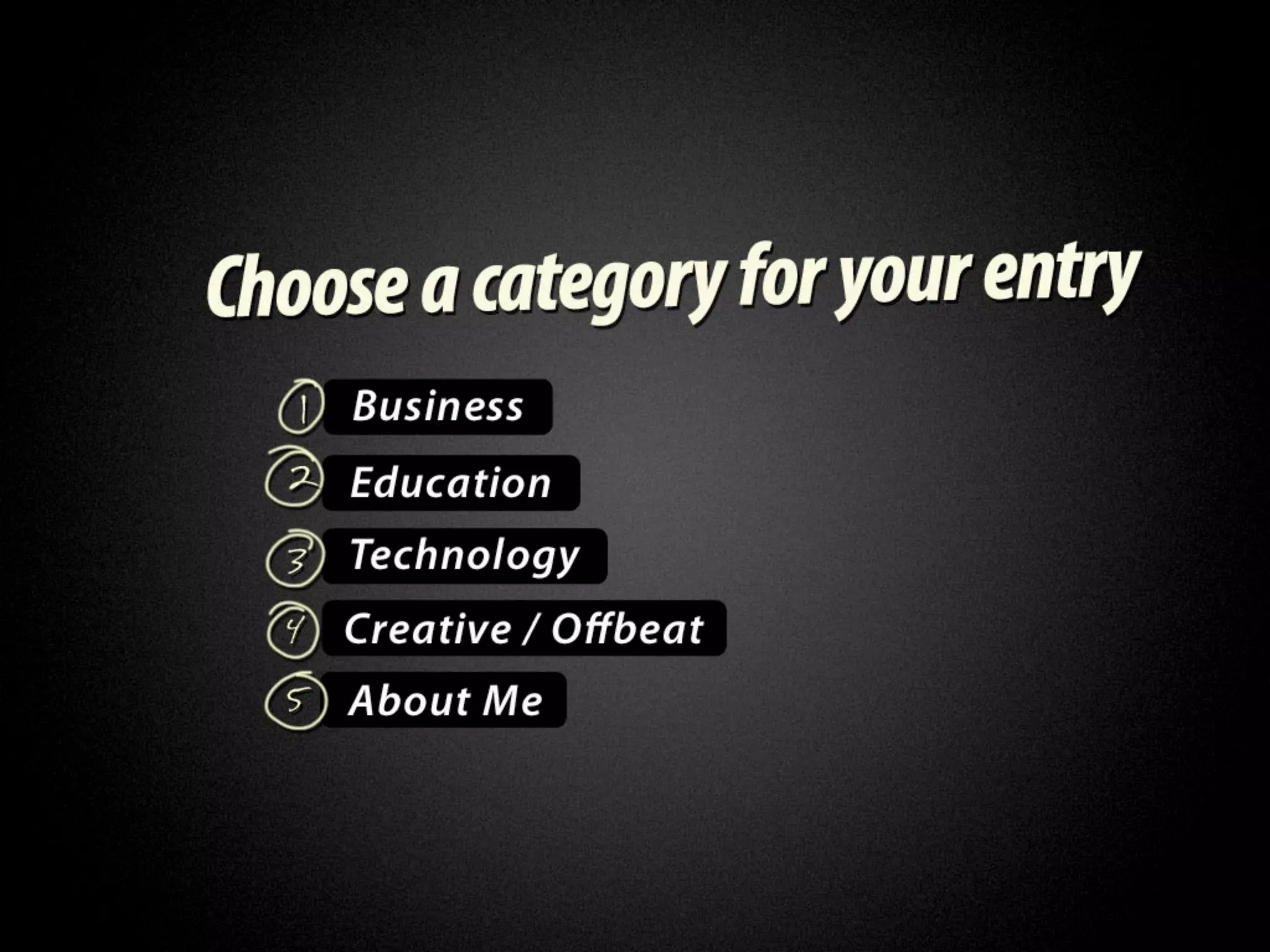 Choose a category for your
  entry: business, education,
technology, creative / offbeat,
          about me
 