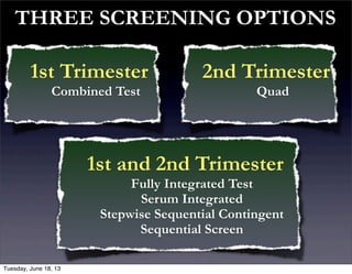 THREE SCREENING OPTIONS
2nd Trimester
Quad
1st Trimester
Combined Test
1st and 2nd Trimester
Fully Integrated Test
Serum Integrated
Stepwise Sequential Contingent
Sequential Screen
Tuesday, June 18, 13
 