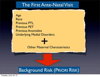 Background Risk (PRIORI RISK)
Age
Race
Previous PTL
Previous PET
Previous Anomalies
Underlying Medial Disorders
Other Maternal Characteristics
The First Ante-NatalVisit
+
Tuesday, June 18, 13
 