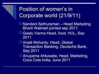 Position of women’s in
Corporate world (21/9/11)
 Nandeni Sethuraman – Head Marketing
Bharti Walmart jointed sep 2011
 Geetu Varma Head, food, HUL, Sep
2011
 Anjali Mohanty, Head, Global
Transaction Banking, Deutsche Bank,
Sep 2011
 Anupama Ahluwalia, Head, Marketing,
Coca Cola India, June 2011
 
