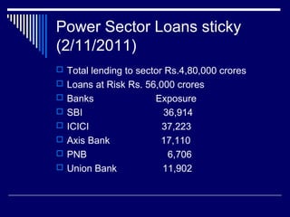 Power Sector Loans sticky
(2/11/2011)
 Total lending to sector Rs.4,80,000 crores
 Loans at Risk Rs. 56,000 crores
 Banks Exposure
 SBI 36,914
 ICICI 37,223
 Axis Bank 17,110
 PNB 6,706
 Union Bank 11,902
 