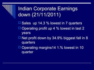 Indian Corporate Earnings
down (21/11/2011)
 Sales up 14.3 % lowest in 7 quarters
 Operating profit up 4 % lowest in last 2
years
 Net profit down by 34.9% biggest fall in 8
quarters
 Operating margins14 1.% lowest in 10
quarter
 