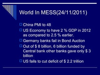 World In MESS(24/11/2011)
 China PMI to 48
 US Economy to have 2 % GDP in 2012
as compared to 2.5 % earlier.
 Germany banks fail in Bond Auction
 Out of $ 8 billion, 6 billion funded by
Central bank other banks gave only $ 3
billion
 US fails to cut deficit of $ 2.2 trillion
 