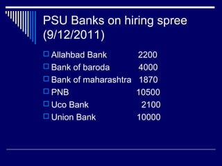 PSU Banks on hiring spree
(9/12/2011)
 Allahbad Bank 2200
 Bank of baroda 4000
 Bank of maharashtra 1870
 PNB 10500
 Uco Bank 2100
 Union Bank 10000
 