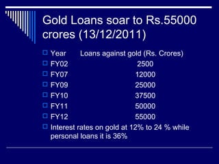 Gold Loans soar to Rs.55000
crores (13/12/2011)
 Year Loans against gold (Rs. Crores)
 FY02 2500
 FY07 12000
 FY09 25000
 FY10 37500
 FY11 50000
 FY12 55000
 Interest rates on gold at 12% to 24 % while
personal loans it is 36%
 