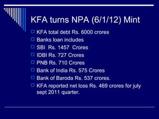 KFA turns NPA (6/1/12) Mint
 KFA total debt Rs. 6000 crores
 Banks loan includes
 SBI Rs. 1457 Crores
 IDBI Rs. 727 Crores
 PNB Rs. 710 Crores
 Bank of India Rs. 575 Crores
 Bank of Baroda Rs. 537 crores.
 KFA reported net loss Rs. 469 crores for july
sept 2011 quarter.
 