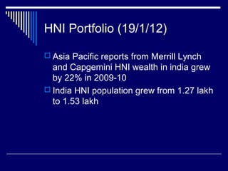 HNI Portfolio (19/1/12)
 Asia Pacific reports from Merrill Lynch
and Capgemini HNI wealth in india grew
by 22% in 2009-10
 India HNI population grew from 1.27 lakh
to 1.53 lakh
 