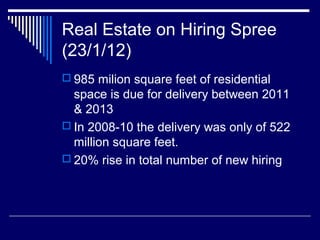 Real Estate on Hiring Spree
(23/1/12)
 985 milion square feet of residential
space is due for delivery between 2011
& 2013
 In 2008-10 the delivery was only of 522
million square feet.
 20% rise in total number of new hiring
 