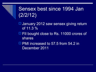 Sensex best since 1994 Jan
(2/2/12)
 January 2012 saw sensex giving return
of 11.3 %
 FII bought close to Rs. 11000 crores of
shares
 PMI increased to 57.5 from 54.2 in
December 2011
 