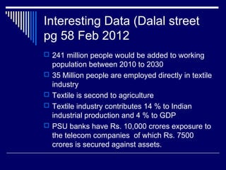 Interesting Data (Dalal street
pg 58 Feb 2012
 241 million people would be added to working
population between 2010 to 2030
 35 Million people are employed directly in textile
industry
 Textile is second to agriculture
 Textile industry contributes 14 % to Indian
industrial production and 4 % to GDP
 PSU banks have Rs. 10,000 crores exposure to
the telecom companies of which Rs. 7500
crores is secured against assets.
 