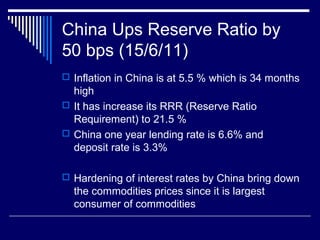 China Ups Reserve Ratio by
50 bps (15/6/11)
 Inflation in China is at 5.5 % which is 34 months
high
 It has increase its RRR (Reserve Ratio
Requirement) to 21.5 %
 China one year lending rate is 6.6% and
deposit rate is 3.3%
 Hardening of interest rates by China bring down
the commodities prices since it is largest
consumer of commodities
 