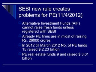 SEBI new rule creates
problems for PE(11/4/2012)
 Alternative Investment Funds (AIF)
cannot raise fresh funds unless
registered with SEBI
 Already PE firms are in midst of raising
Rs. 26000 crores
 In 2012 till March 2012 No. of PE funds
15 raised $ 2.23 billion
 PE real estate funds 9 and raised $ 3.01
billion
 