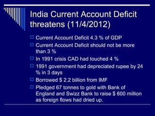 India Current Account Deficit
threatens (11/4/2012)
 Current Account Deficit 4.3 % of GDP
 Current Account Deficit should not be more
than 3 %
 In 1991 crisis CAD had touched 4 %
 1991 government had depreciated rupee by 24
% in 3 days
 Borrowed $ 2.2 billion from IMF
 Pledged 67 tonnes to gold with Bank of
England and Swizz Bank to raise $ 600 million
as foreign flows had dried up.
 