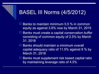 BASEL III Norms (4/5/2012)
 Banks to maintain minimum 5.5 % in common
equity as against 3.6% now by March 31, 2015
 Banks must create a capital conservation buffer
consisting of common equity of 2.5% by March
31, 2018
 Banks should maintain a minimum overall
capital adequacy ratio of 11.5% against 9 % by
March 31, 2018
 Banks must supplement risk based captial ratio
by maintaining leverage ratio of 4.5%
 