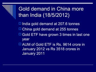 Gold demand in China more
than India (18/5/2012)
 India gold demand at 207.6 tonnes
 China gold demand at 255 tonnes
 Gold ETF have grown 3 times in last one
year
 AUM of Gold ETF is Rs. 9614 crore in
January 2012 vs Rs 3518 crores in
January 2011
 