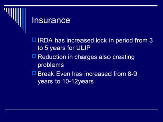 Insurance
 IRDA has increased lock in period from 3
to 5 years for ULIP
 Reduction in charges also creating
problems
 Break Even has increased from 8-9
years to 10-12years
 