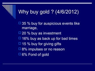 Why buy gold ? (4/6/2012)
 35 % buy for auspicious events like
marriage,
 20 % buy as investment
 16% buy as back up for bad times
 15 % buy for giving gifts
 8% impulses or no reason
 6% Fond of gold
 
