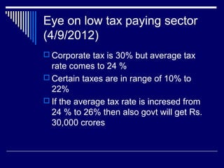 Eye on low tax paying sector
(4/9/2012)
 Corporate tax is 30% but average tax
rate comes to 24 %
 Certain taxes are in range of 10% to
22%
 If the average tax rate is incresed from
24 % to 26% then also govt will get Rs.
30,000 crores
 