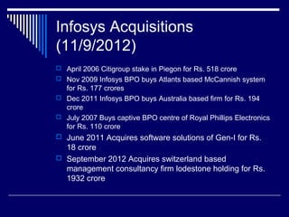 Infosys Acquisitions
(11/9/2012)
 April 2006 Citigroup stake in Piegon for Rs. 518 crore
 Nov 2009 Infosys BPO buys Atlants based McCannish system
for Rs. 177 crores
 Dec 2011 Infosys BPO buys Australia based firm for Rs. 194
crore
 July 2007 Buys captive BPO centre of Royal Phillips Electronics
for Rs. 110 crore
 June 2011 Acquires software solutions of Gen-I for Rs.
18 crore
 September 2012 Acquires switzerland based
management consultancy firm lodestone holding for Rs.
1932 crore
 