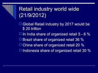Retail industry world wide
(21/9/2012)
 Global Retail industry by 2017 would be
$ 20 trillion
 In India share of organized retail 5 - 6 %
 Brazil share of organized retail 36 %
 China share of organized retail 20 %
 Indonesia share of organized retail 30 %
 