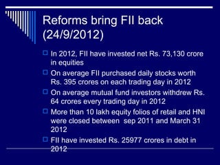 Reforms bring FII back
(24/9/2012)
 In 2012, FII have invested net Rs. 73,130 crore
in equities
 On average FII purchased daily stocks worth
Rs. 395 crores on each trading day in 2012
 On average mutual fund investors withdrew Rs.
64 crores every trading day in 2012
 More than 10 lakh equity folios of retail and HNI
were closed between sep 2011 and March 31
2012
 FII have invested Rs. 25977 crores in debt in
2012
 