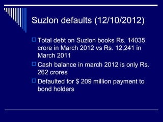 Suzlon defaults (12/10/2012)
 Total debt on Suzlon books Rs. 14035
crore in March 2012 vs Rs. 12,241 in
March 2011
 Cash balance in march 2012 is only Rs.
262 crores
 Defaulted for $ 209 million payment to
bond holders
 