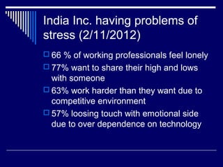 India Inc. having problems of
stress (2/11/2012)
 66 % of working professionals feel lonely
 77% want to share their high and lows
with someone
 63% work harder than they want due to
competitive environment
 57% loosing touch with emotional side
due to over dependence on technology
 