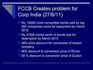 FCCB Creates problem for
Corp India (27/6/11)
 Rs. 16000 crore convertible bonds sold by top
500 companies come for repayment by march
2012
 Rs.31500 crores worth of bonds due for
redemption by March 2013
 48% price discount for conversion of Assam
company
 86% discount to conversion price of RCom
 50 % discount to conversion price of Suzlon
 