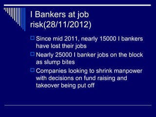 I Bankers at job
risk(28/11/2012)
 Since mid 2011, nearly 15000 I bankers
have lost their jobs
 Nearly 25000 I banker jobs on the block
as slump bites
 Companies looking to shrink manpower
with decisions on fund raising and
takeover being put off
 