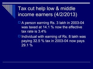 Tax cut help low & middle
income earners (4/2/2013)
 A person earning Rs. 3 lakh in 2003-04
was taxed at 14.1 % now the effective
tax rate is 3.4%
 Individual with earning of Rs. 8 lakh was
paying 32.5 % tax in 2003-04 now pays
29.1 %
 