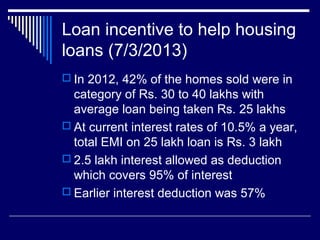 Loan incentive to help housing
loans (7/3/2013)
 In 2012, 42% of the homes sold were in
category of Rs. 30 to 40 lakhs with
average loan being taken Rs. 25 lakhs
 At current interest rates of 10.5% a year,
total EMI on 25 lakh loan is Rs. 3 lakh
 2.5 lakh interest allowed as deduction
which covers 95% of interest
 Earlier interest deduction was 57%
 