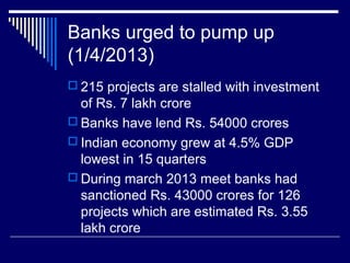 Banks urged to pump up
(1/4/2013)
 215 projects are stalled with investment
of Rs. 7 lakh crore
 Banks have lend Rs. 54000 crores
 Indian economy grew at 4.5% GDP
lowest in 15 quarters
 During march 2013 meet banks had
sanctioned Rs. 43000 crores for 126
projects which are estimated Rs. 3.55
lakh crore
 