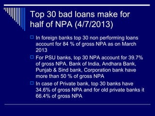 Top 30 bad loans make for
half of NPA (4/7/2013)
 In foreign banks top 30 non performing loans
account for 84 % of gross NPA as on March
2013
 For PSU banks, top 30 NPA account for 39.7%
of gross NPA. Bank of India, Andhara Bank,
Punjab & Sind bank, Corporation bank have
more than 50 % of gross NPA
 In case of Private bank, top 30 banks have
34.6% of gross NPA and for old private banks it
66.4% of gross NPA
 
