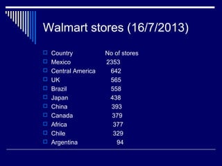 Walmart stores (16/7/2013)
 Country No of stores
 Mexico 2353
 Central America 642
 UK 565
 Brazil 558
 Japan 438
 China 393
 Canada 379
 Africa 377
 Chile 329
 Argentina 94
 