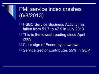 PMI service index crashes
(6/8/2013)
 HSBC Service Business Activity has
fallen from 51.7 to 47.9 in July 2013
 This is the lowest reading since April
2009
 Clear sign of Economy slowdown
 Service Sector contributes 55% in GDP
 
