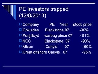 PE Investors trapped
(12/8/2013)
 Company PE Year stock price
 Gokuldas Blackstone 07 -90%
 Punj lloyd warbug pincu 07 - 91%
 NCC Blackstone 07 -90%
 Allsec Carlyle 07 -90%
 Great offshore Carlyle 07 -95%
 