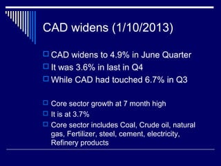 CAD widens (1/10/2013)
 CAD widens to 4.9% in June Quarter
 It was 3.6% in last in Q4
 While CAD had touched 6.7% in Q3
 Core sector growth at 7 month high
 It is at 3.7%
 Core sector includes Coal, Crude oil, natural
gas, Fertilizer, steel, cement, electricity,
Refinery products
 