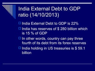 India External Debt to GDP
ratio (14/10/2013)
 India External Debt to GDP is 22%
 India has reserves of $ 280 billion which
is 15 % of GDP
 In other words, country can pay three
fourth of its debt from its forex reserves
 India holding in US treasuries is $ 59.1
billion
 