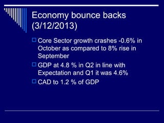 Economy bounce backs
(3/12/2013)
 Core Sector growth crashes -0.6% in
October as compared to 8% rise in
September
 GDP at 4.8 % in Q2 in line with
Expectation and Q1 it was 4.6%
 CAD to 1.2 % of GDP
 