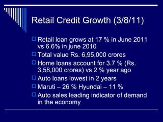 Retail Credit Growth (3/8/11)
 Retail loan grows at 17 % in June 2011
vs 6.6% in june 2010
 Total value Rs. 6,95,000 crores
 Home loans account for 3.7 % (Rs.
3,58,000 crores) vs 2 % year ago
 Auto loans lowest in 2 years
 Maruti – 26 % Hyundai – 11 %
 Auto sales leading indicator of demand
in the economy
 