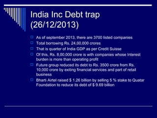 India Inc Debt trap
(26/12/2013)
 As of september 2013, there are 3700 listed companies
 Total borrowing Rs. 24,00,000 crores
 That is quarter of India GDP as per Credit Suisse
 Of this, Rs. 8,00,000 crore is with companies whose Interest
burden is more than operating profit
 Future group reduced its debt to Rs. 3500 crore from Rs.
10,000 crore by exiting financial services and part of retail
business
 Bharti Airtel raised $ 1.26 billion by selling 5 % stake to Quatar
Foundation to reduce its debt of $ 9.69 billion
 