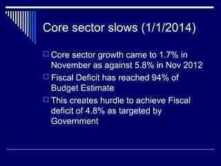 Core sector slows (1/1/2014)
 Core sector growth came to 1.7% in
November as against 5.8% in Nov 2012
 Fiscal Deficit has reached 94% of
Budget Estimate
 This creates hurdle to achieve Fiscal
deficit of 4.8% as targeted by
Government
 