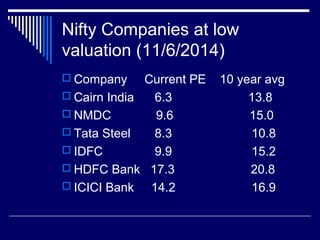 Nifty Companies at low
valuation (11/6/2014)
 Company Current PE 10 year avg
 Cairn India 6.3 13.8
 NMDC 9.6 15.0
 Tata Steel 8.3 10.8
 IDFC 9.9 15.2
 HDFC Bank 17.3 20.8
 ICICI Bank 14.2 16.9
 