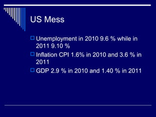 US Mess
 Unemployment in 2010 9.6 % while in
2011 9.10 %
 Inflation CPI 1.6% in 2010 and 3.6 % in
2011
 GDP 2.9 % in 2010 and 1.40 % in 2011
 