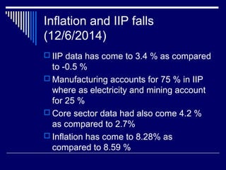 Inflation and IIP falls
(12/6/2014)
 IIP data has come to 3.4 % as compared
to -0.5 %
 Manufacturing accounts for 75 % in IIP
where as electricity and mining account
for 25 %
 Core sector data had also come 4.2 %
as compared to 2.7%
 Inflation has come to 8.28% as
compared to 8.59 %
 