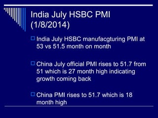 India July HSBC PMI
(1/8/2014)
 India July HSBC manufacgturing PMI at
53 vs 51.5 month on month
 China July official PMI rises to 51.7 from
51 which is 27 month high indicating
growth coming back
 China PMI rises to 51.7 which is 18
month high
 