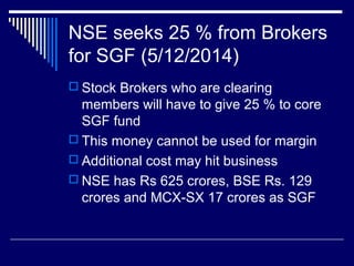 NSE seeks 25 % from Brokers
for SGF (5/12/2014)
 Stock Brokers who are clearing
members will have to give 25 % to core
SGF fund
 This money cannot be used for margin
 Additional cost may hit business
 NSE has Rs 625 crores, BSE Rs. 129
crores and MCX-SX 17 crores as SGF
 