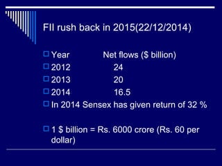 FII rush back in 2015(22/12/2014)
 Year Net flows ($ billion)
 2012 24
 2013 20
 2014 16.5
 In 2014 Sensex has given return of 32 %
 1 $ billion = Rs. 6000 crore (Rs. 60 per
dollar)
 